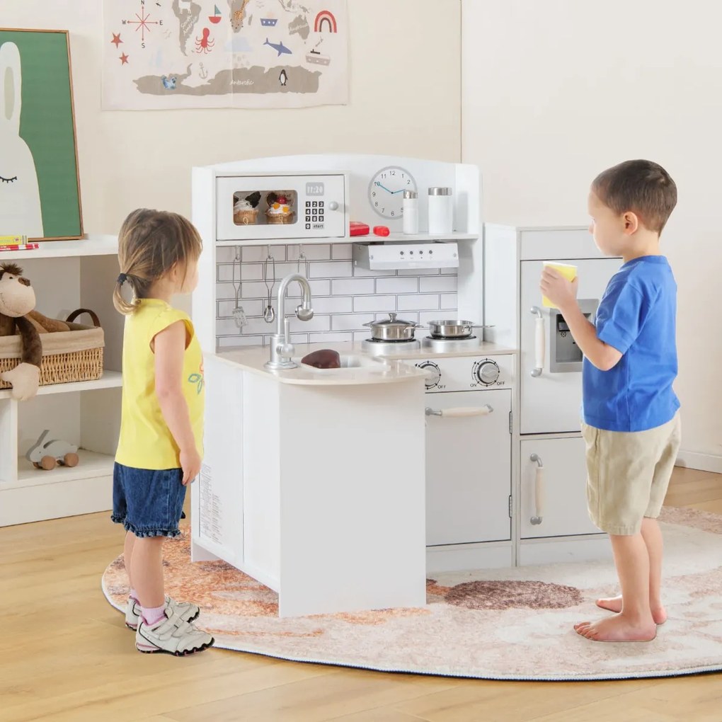 Costway Cucina ad angolo gioco per bambini con lavello fornelli cappa frigorifero, Cucinetta educativo in legno Bianco