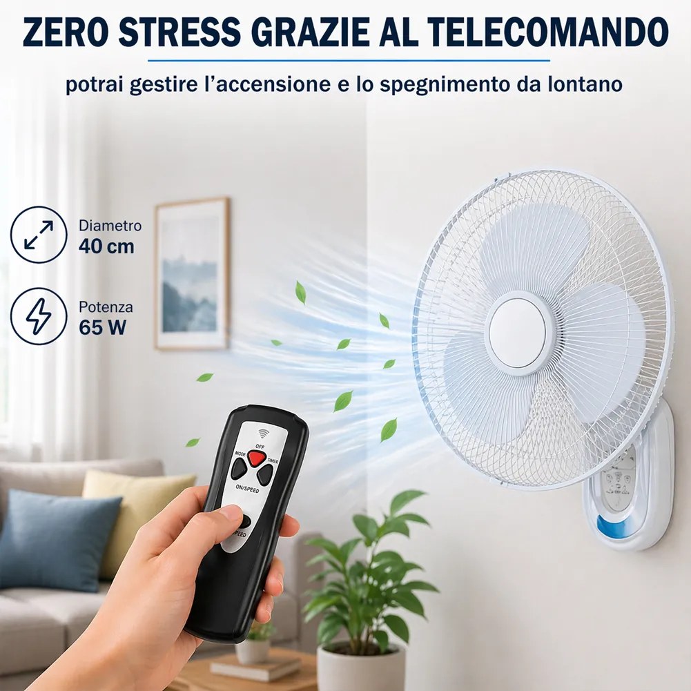 Ventilatore da Parete Ø40 cm con Telecomando Installazione Muro Silenzioso Bianco...