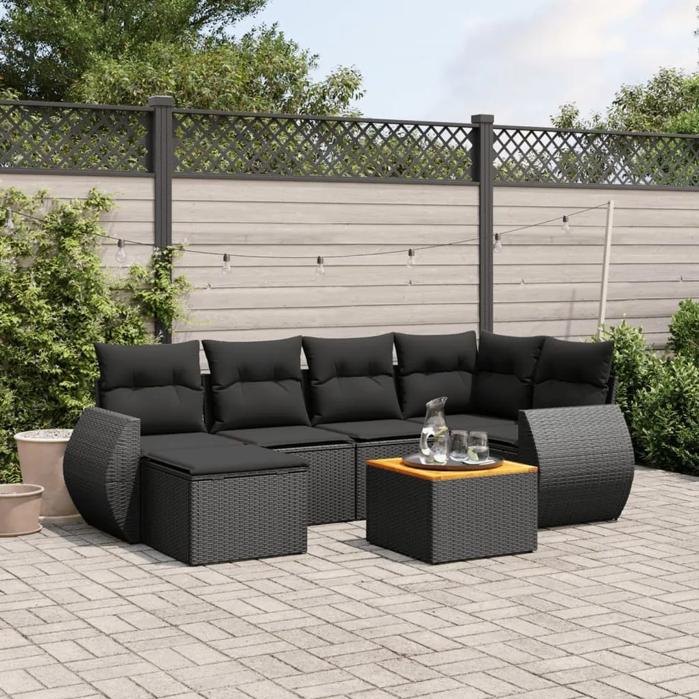 Set Divani da Giardino con Cuscini 7pz Nero Polyrattan