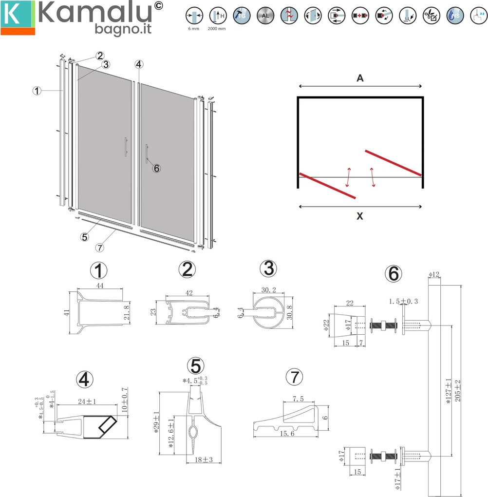 Box doccia 70x100 cm apertura saloon KS2800-SSN - KAMALU