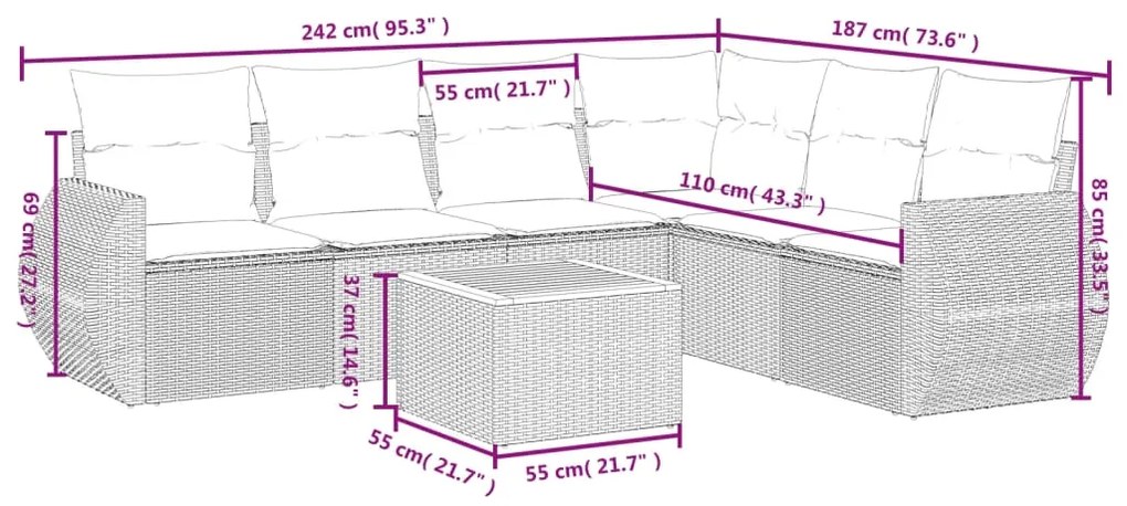 Set divani da giardino con cuscini 7pz nero polyrattan