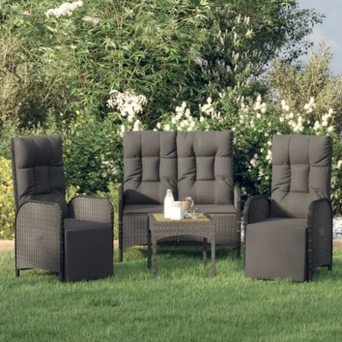 Set da Pranzo da Giardino 3 pz con Cuscini Nero in Polyrattan