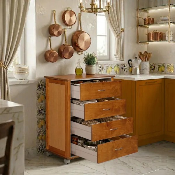 Cassettiera con ruote ICON 58X83h cm in Legno di Faggio a 4 Cassetti Rovere