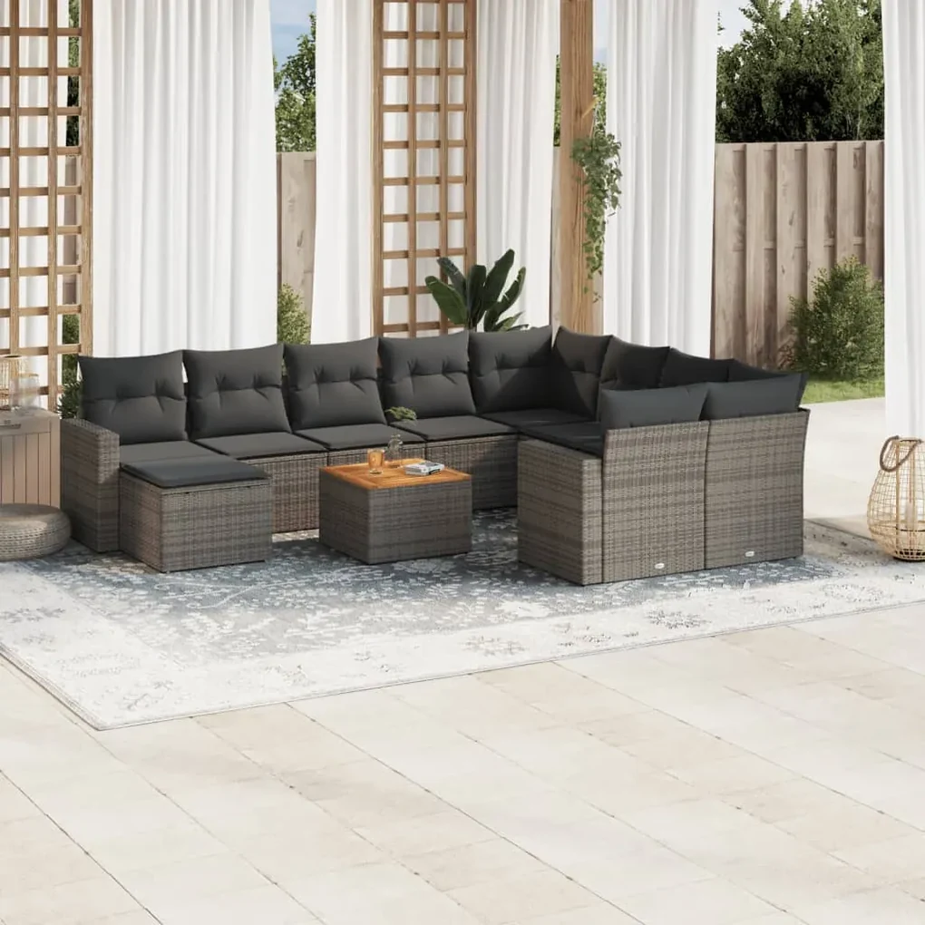Set divani da giardino 11 pz con cuscini in polyrattan grigio