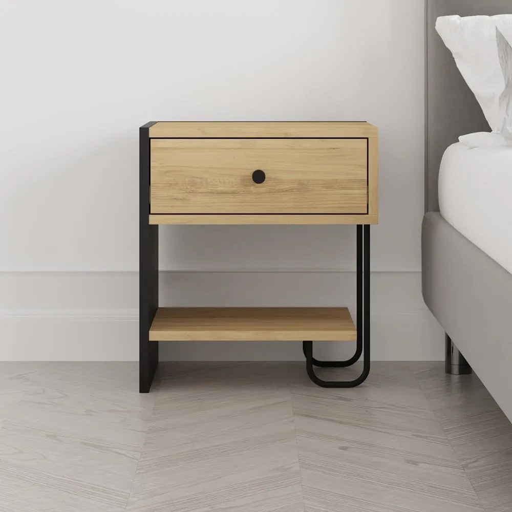 Comodino in rovere nero/naturale con ripiani Saturne - Marckeric