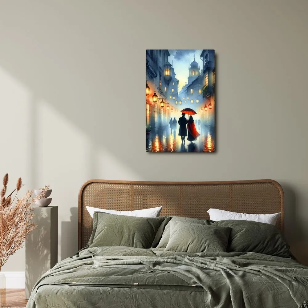 Quadro su tela – Innamorati sotto la pioggia tra edifici storici
