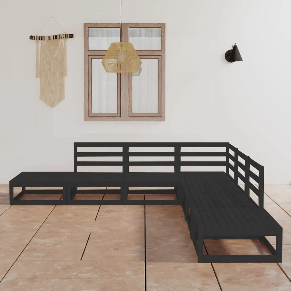 Set divani da giardino 7 pz nero in legno massello di pino