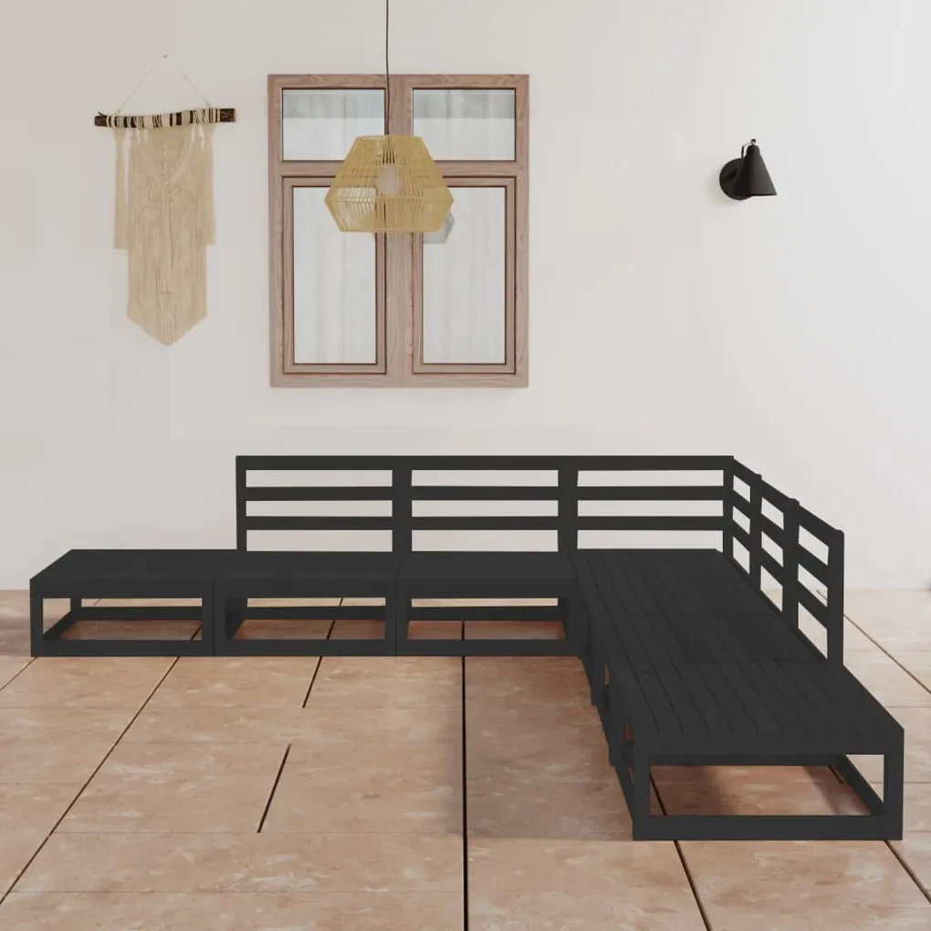 Set divani da giardino 7 pz nero in legno massello di pino