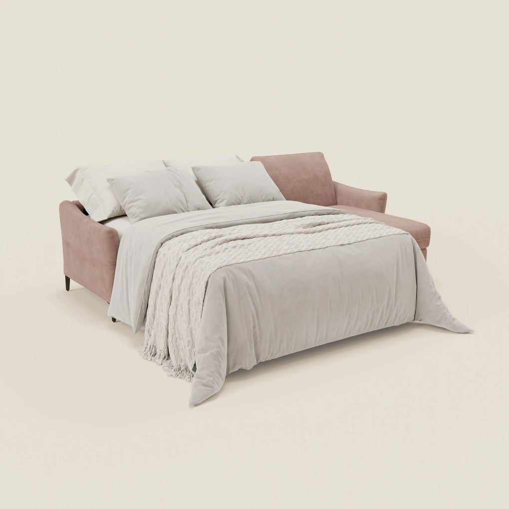 Dalia divano letto angolare con materasso alto 18 cm piedini alti e penisola contenitore in tessuto smacchiabile T17 rosa