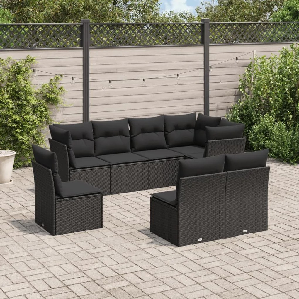 Set divani da giardino con cuscini 8 pz nero in polyrattan