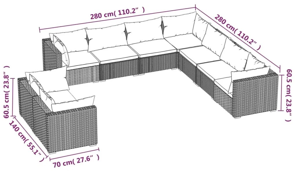 Set salotto da giardino con cuscini 9pz nero in polyrattan