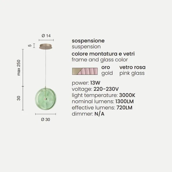 Lampada a sospensione LED JOKEY in metallo e vetro decorato ROSA 30 cm