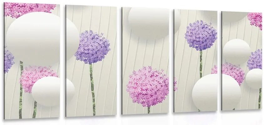 Quadri 5 pezzi – Fiori interessanti con elementi e motivi astratti