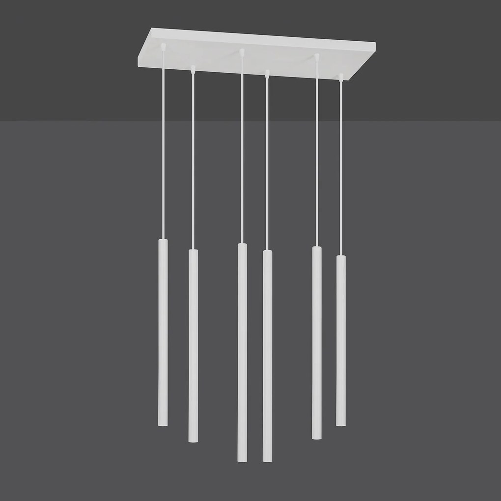 Lampadario 6 Luci Moderno Shu Acciaio Bianco E Paralumi A Cilindri Sottili