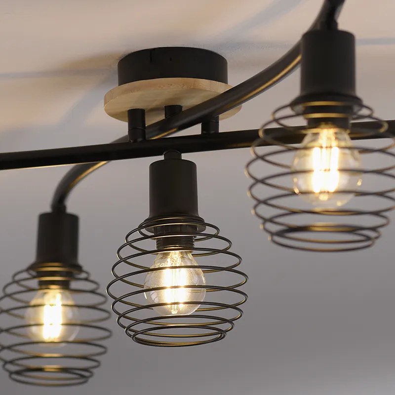 Faretto da soffitto di design nero con legno 5 luci - Winsten