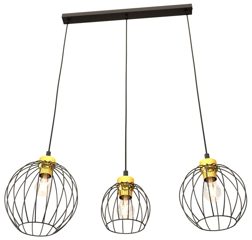 Sospensione Minimal Industrial Hathor 3 Luci Lineari Nera E Oro