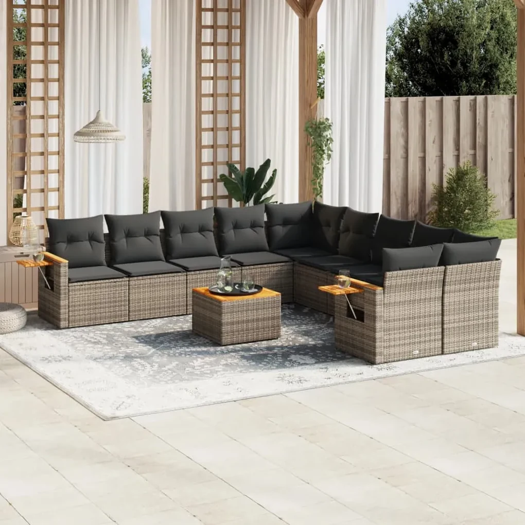Set divani da giardino 11 pz con cuscini in polyrattan grigio