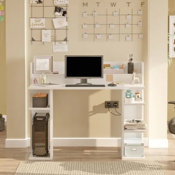 Scrivania Moderna Porta PC 120x58x98 Con Ripiani Laterali Pixel Bianca