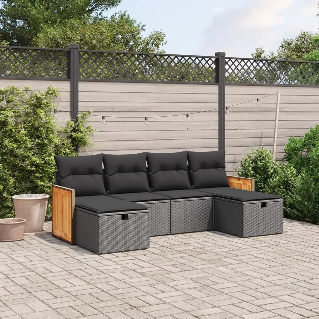 Set divano da giardino 6 pz con cuscini nero in polyrattan