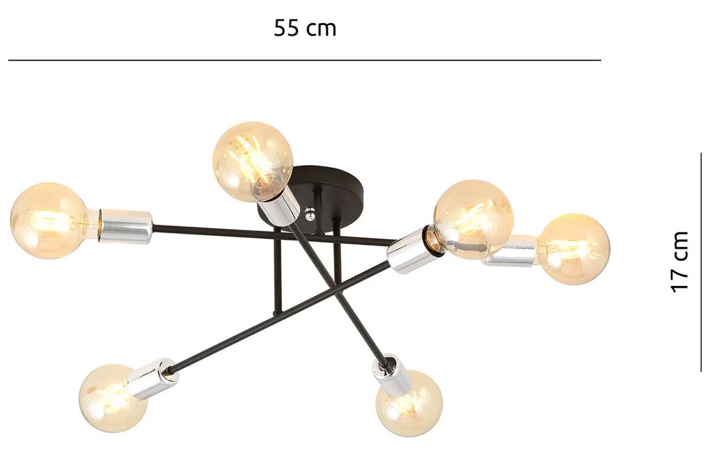 Plafoniera Industriale 6 Luci Diomede In Acciao Nero E Cromo Bracci Dritti