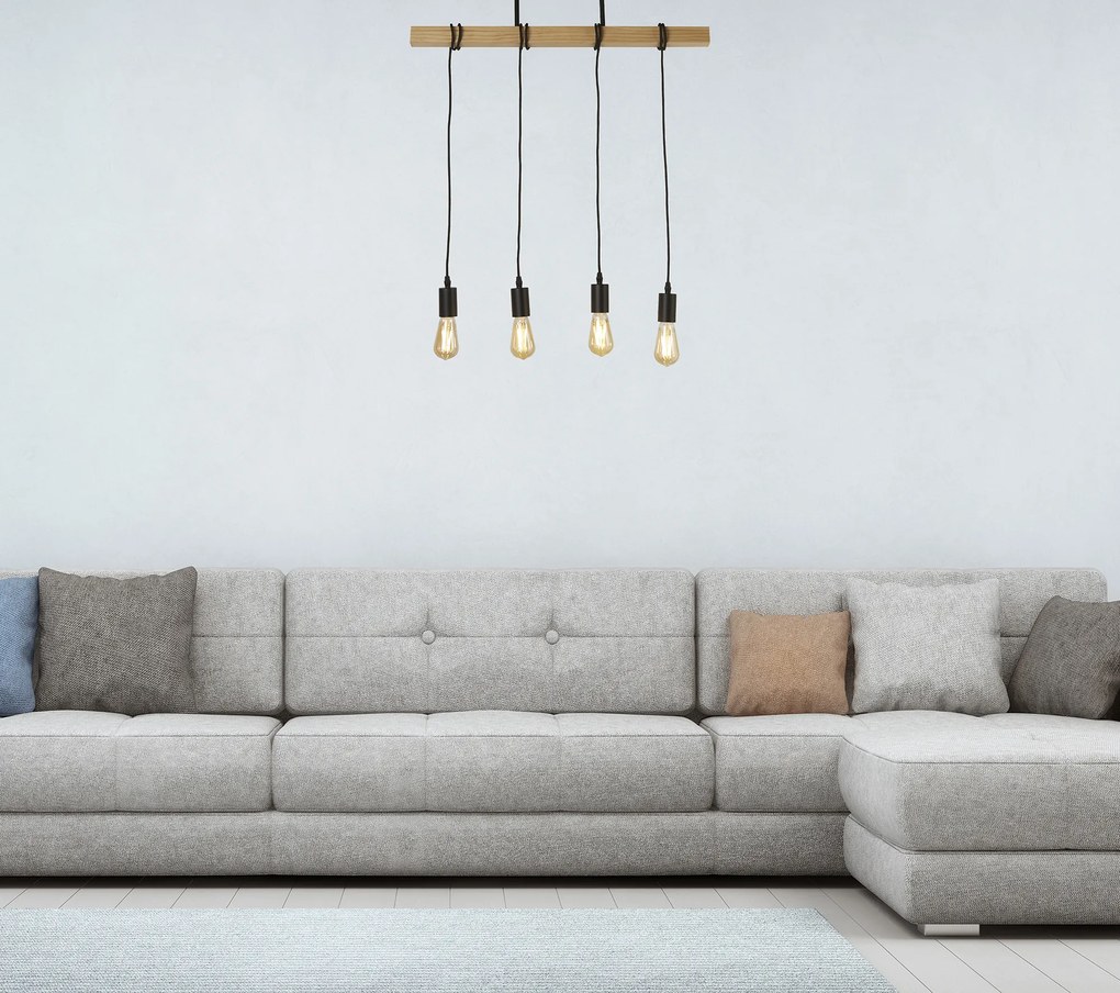 Lampadario Industrial-Nordico Legnoso Acciaio Marrone Legno 4 Luci E27