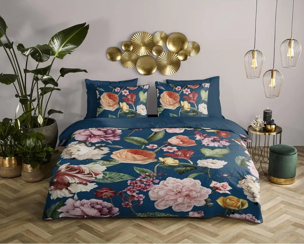 Set copripiumino e federa blu scuro in raso di cotone per letto matrimoniale ed esteso 200x220 cm Fiori – Descanso
