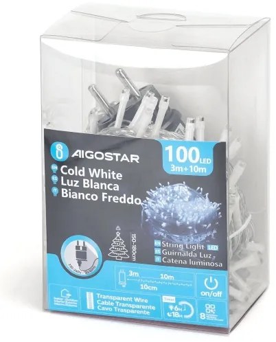 Aigostar - Catena luminosa LED per esterni, 100 LED, 8 funzioni, 13 m, IP44, bianco freddo