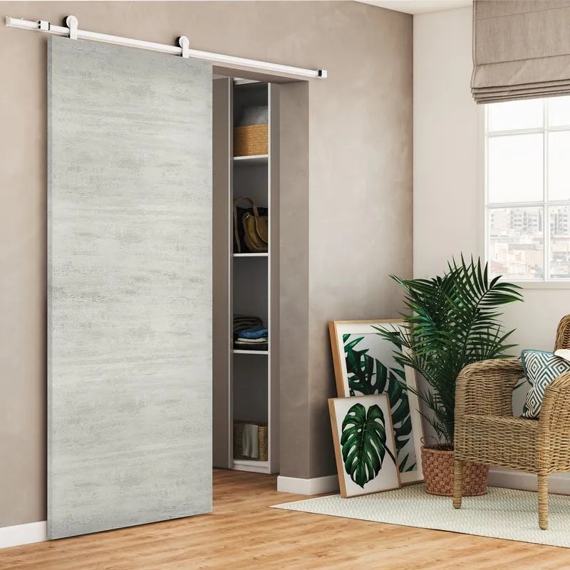 Porta scorrevole reversibile Beton in mdf grigio, L 93 x H 212 cm, con binario Loft bianco