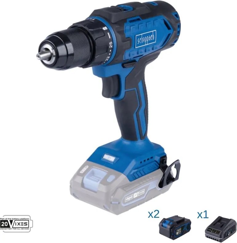 Trapano avvitatore 20v 2 batterie 4.0Ah e caricabatteria ixes Scheppach c-dd45-x