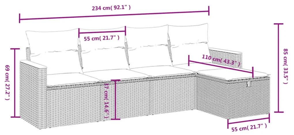 Set divani da giardino 5 pz con cuscini in polyrattan nero