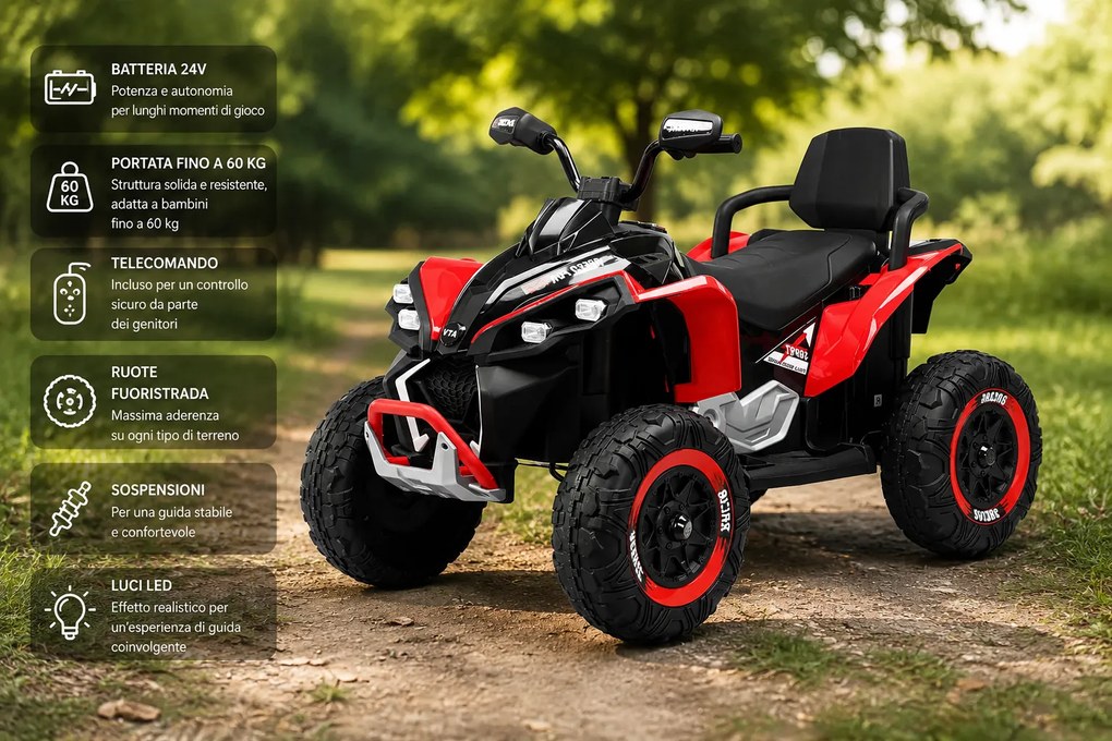 Quad Elettrico per Bambini ATV Safari Gold 24V fino a 60 kg con Telecomando Rosso...