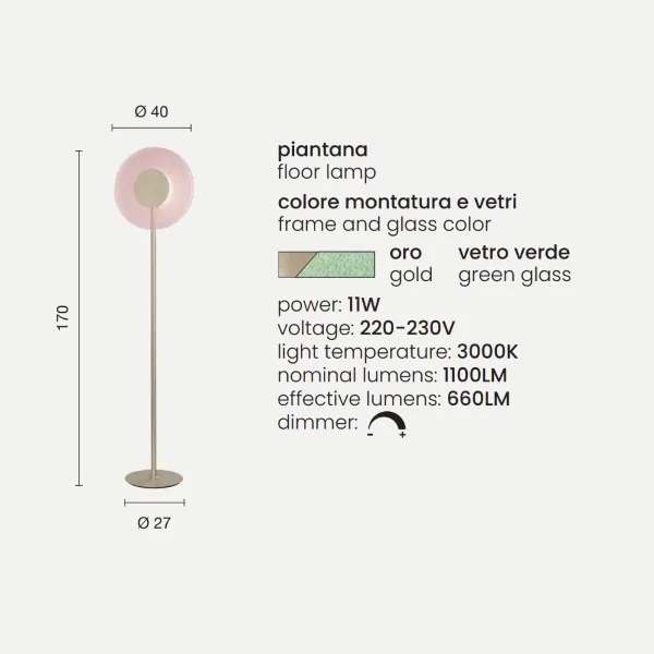 Piantana CANDY a LED in metallo Oro e vetro graniglia Verde H170 cm
