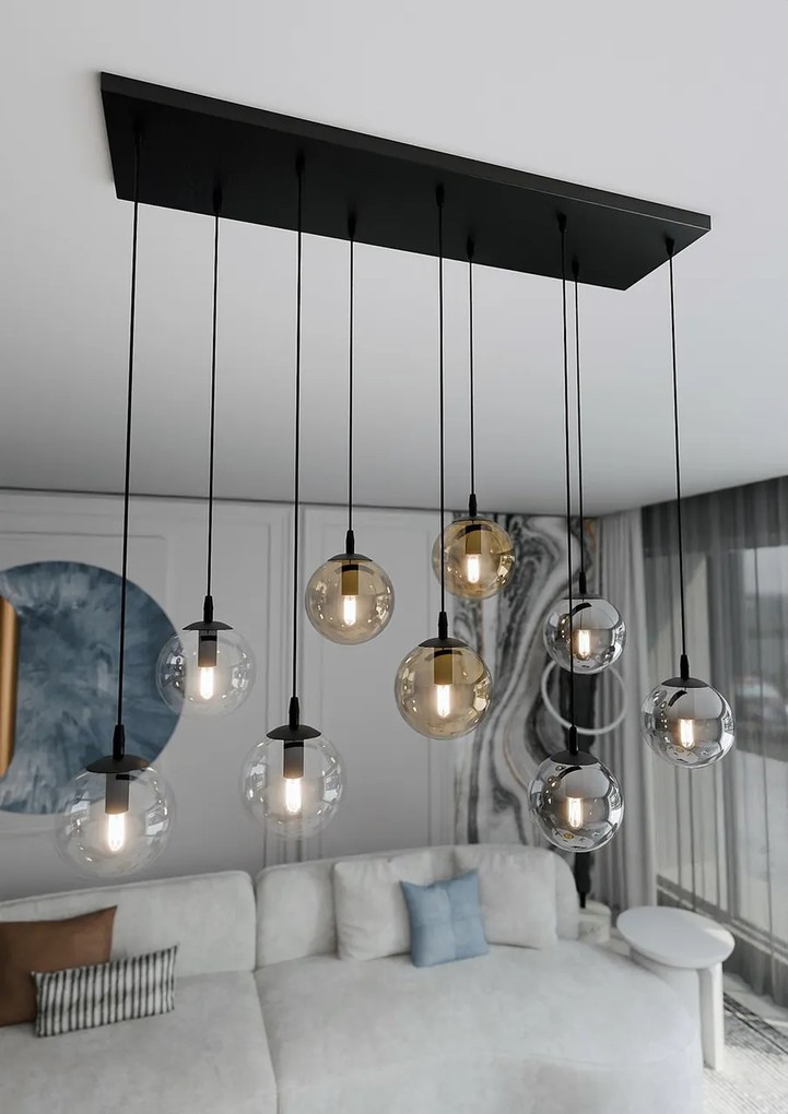 Lampadario a Sospensione in Acciaio e Vetro COSMO 9 Nero 9xE14
