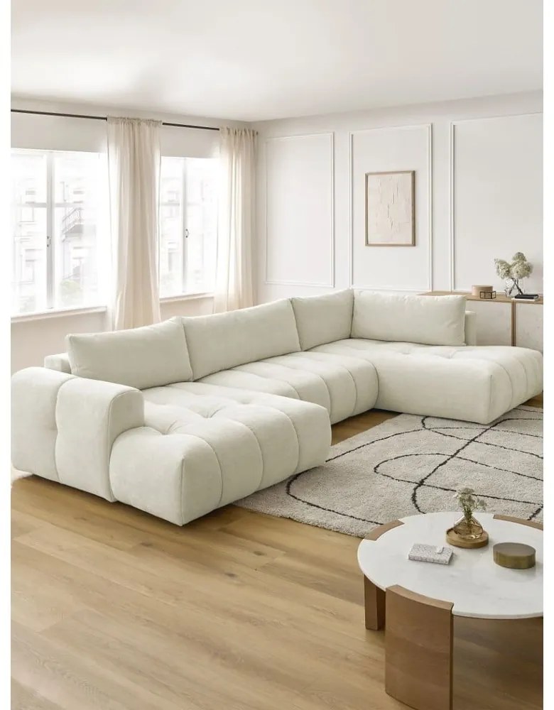 Divano angolare beige allungabile e con contenitore (penisola a destra/a U) Fuji – Bobochic Paris