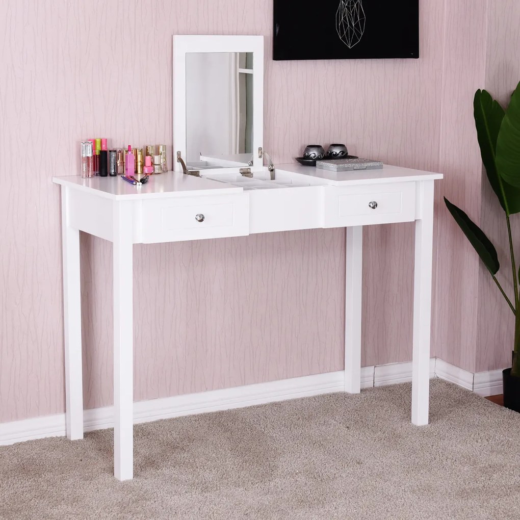 Costway Tavolo cosmetici con specchiera ad alta definizione e 2 cassetti, Toeletta da trucco versatile 112x48x82cm Bianco