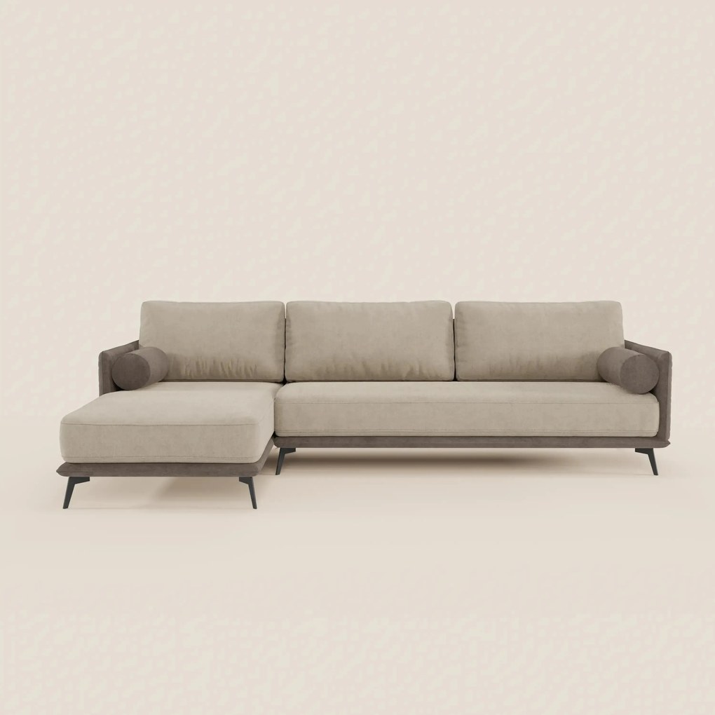 Basalto divano bicolore angolare con penisola e base in metallo - schienali in piuma e tessuto smacchiabile T31