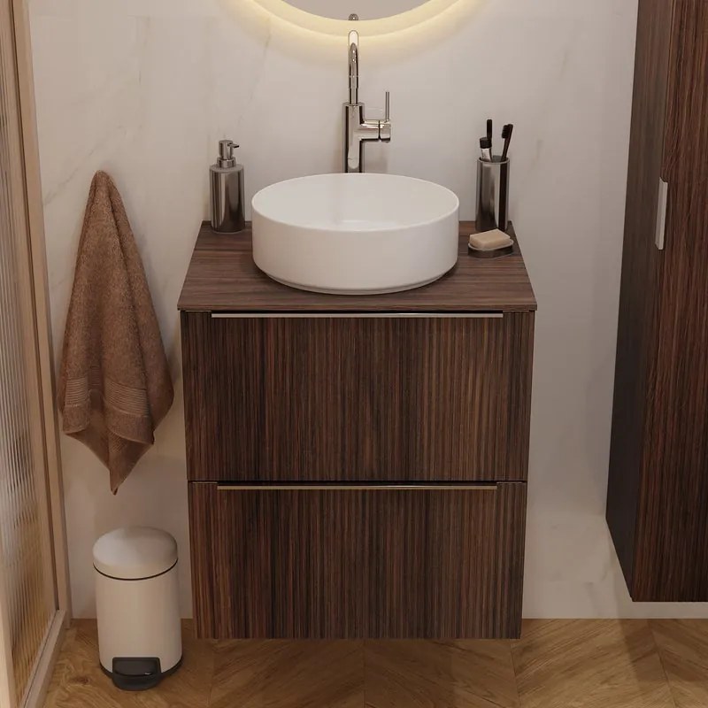 Mobile bagno sospeso Neo Groove L 61 x H 68 x P 49 cm, 2 cassetti con maniglia cromo, top e lavabo da appoggio Studio in ceramica bianco opaco inclusi, noce cannettato