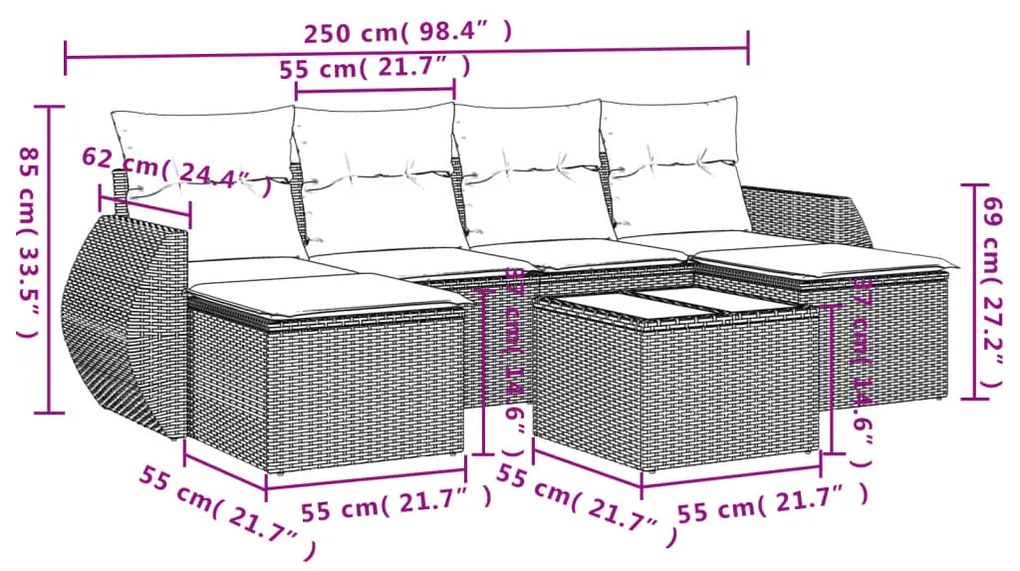 Set divani da giardino 7pz con cuscini grigio chiaro polyrattan