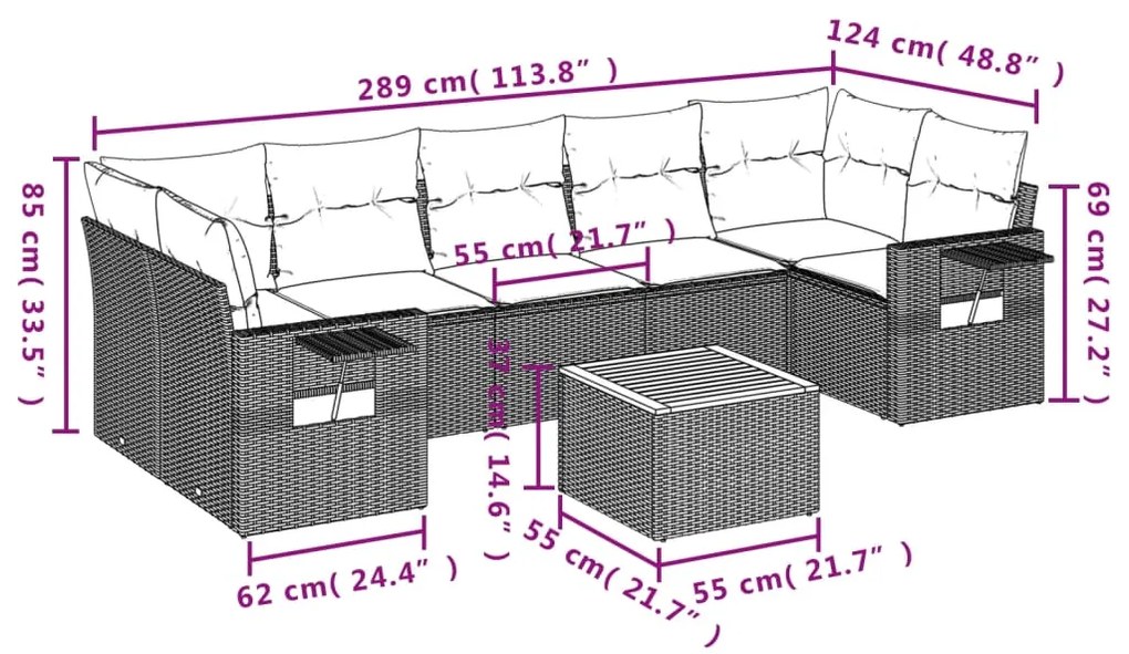 Set Divano da Giardino 8 pz con Cuscini Grigio in Polyrattan