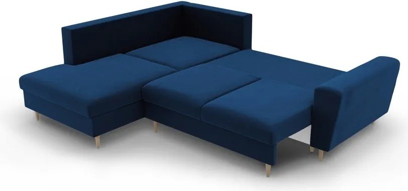 Divano angolare blu allungabile e con contenitore (con penisola a sinistra/a L) con rivestimento in velluto Kyoto – Cosmopolitan Design