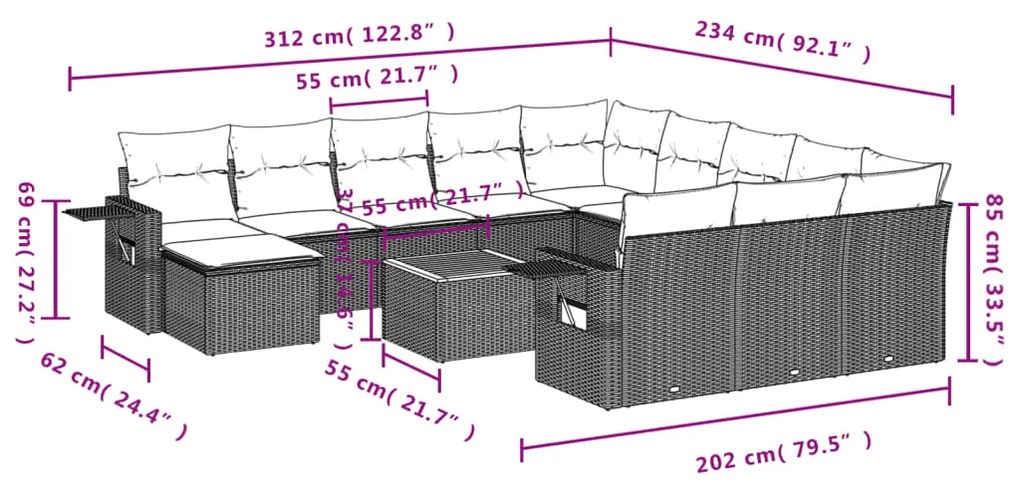 Set divani da giardino 13pz con cuscini nero in polyrattan