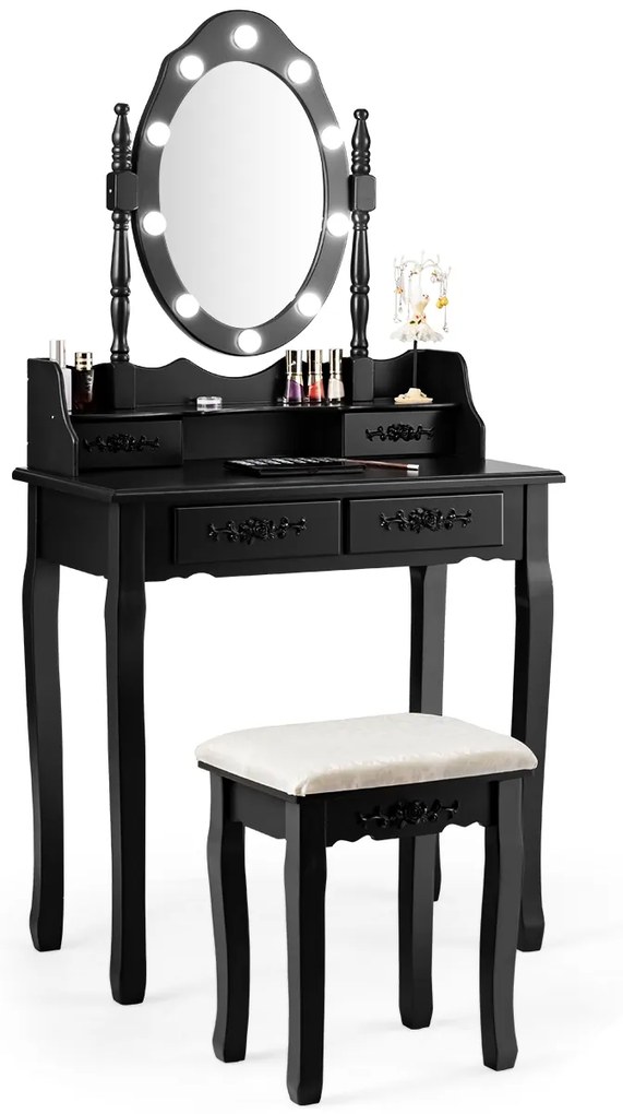 Costway Set toeletta con specchio ovale e 10 lampadine LED, Toeletta classica con 4 cassetti, Nero