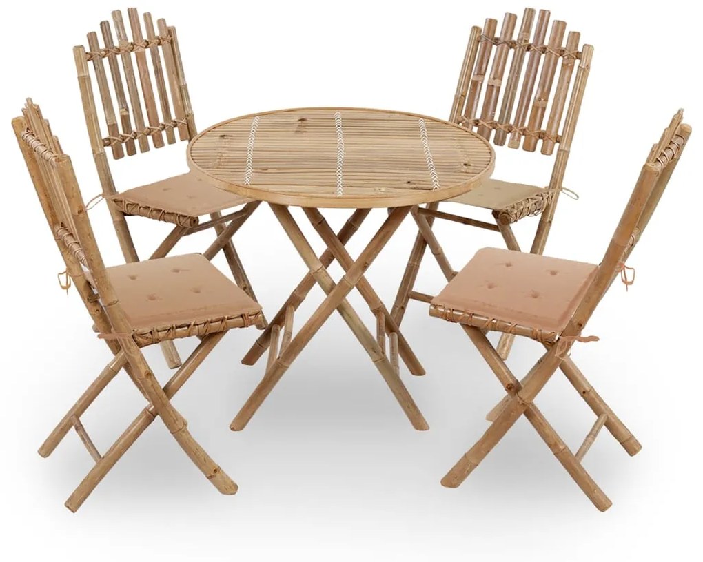 Set Da Pranzo Da Giardino 5 Pz Pieghevole Con Cuscini İn Bambù /