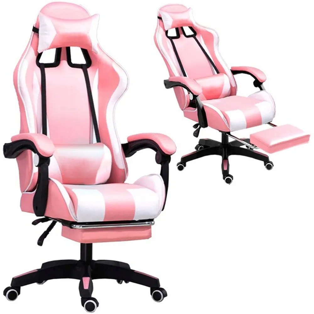 Comoda sedia da gaming con cuscino rosa e bianco