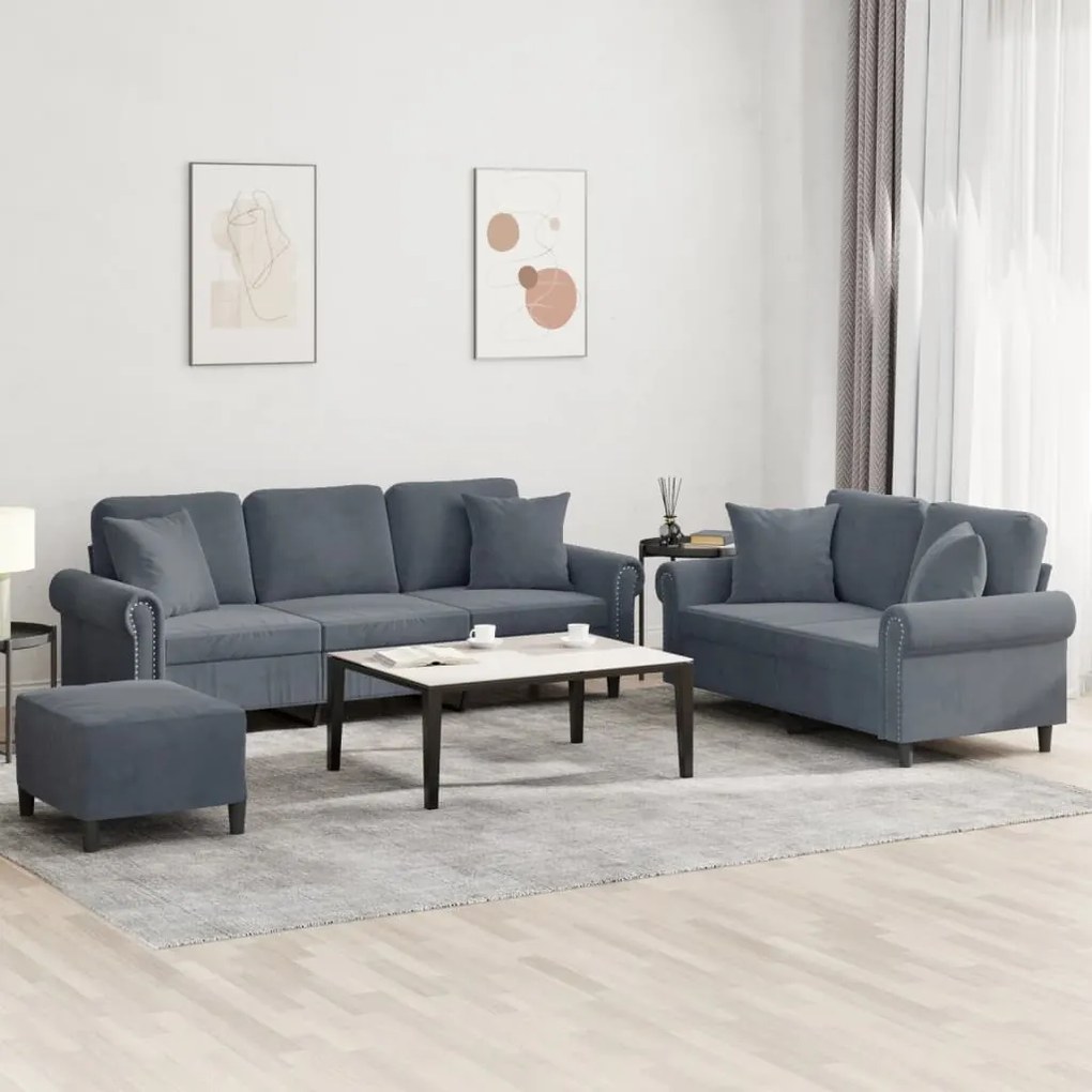 Set Di Divani 3 Pz Con Cuscini Grigio Scuro İn Velluto /