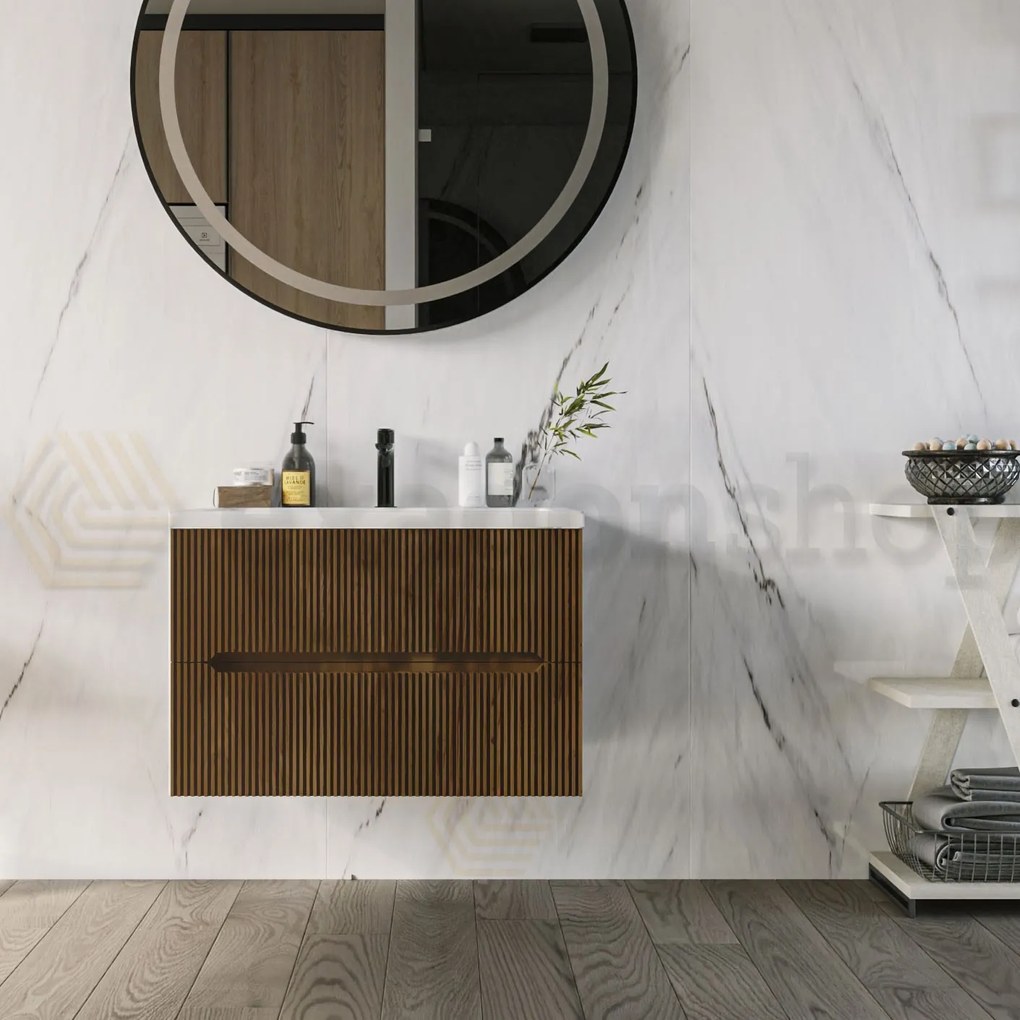 Mobile bagno noce 70x46 cannettato Urbino due cassetti con lavabo in ceramica frontale