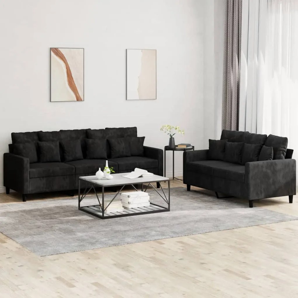 Set Di Divani 2 Pz Con Cuscini Nero İn Velluto /