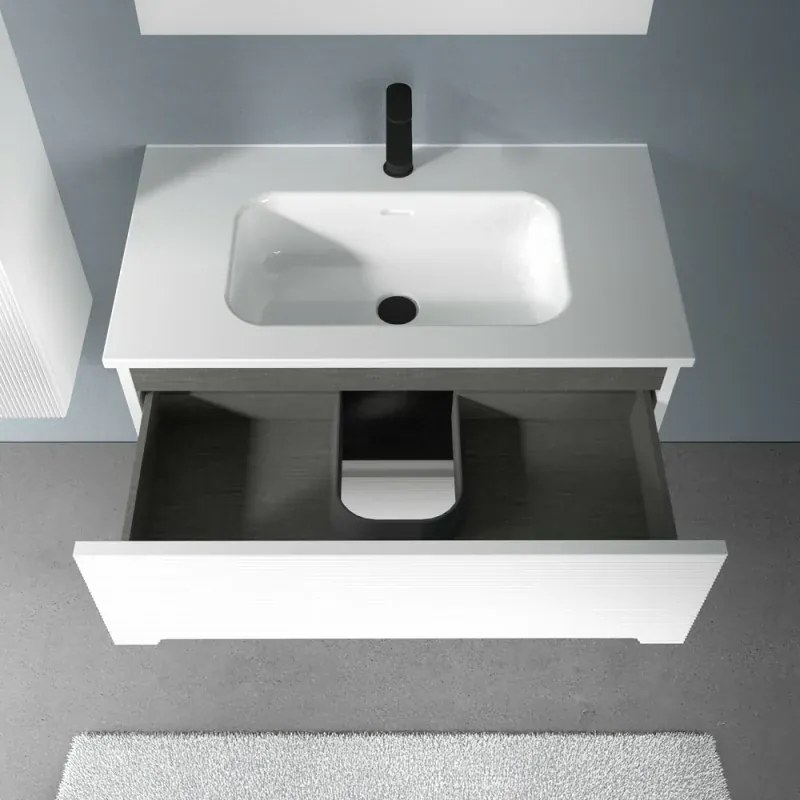 Mobile bagno sospeso 60 bianco cannettato 2 cassetti lavabo e specchio Rigo
