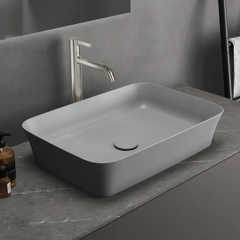 Lavabo da appoggio rettangolare in ceramica L 55 x H 12.5 x P 38 cm cemento grigio