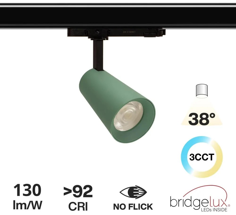 Faro LED 30W Trifase Verde CRI92 Bianco Variabile 38° - Bridgelux LED Colore Bianco Variabile CCT